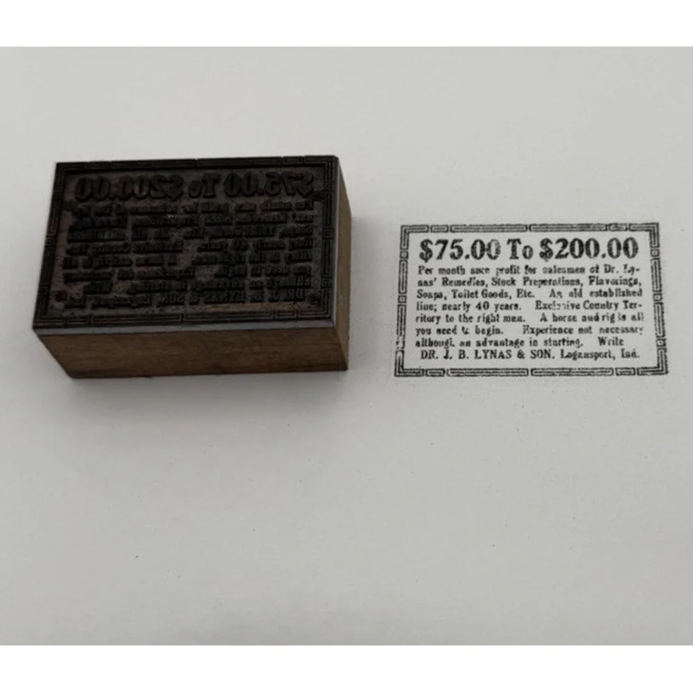 Vintage Letterpress Print Block Dr J.B. Lynas Logansport IN Pharmacy Ad